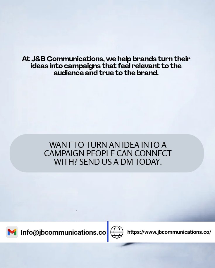 Jbcommshq's tweet photo. A campaign can get attention and still fail to move anyone.

At J&amp;B Communications, we help brands develop campaigns that are built around a clear idea, the right audience, and a reason to care.

Have a campaign idea in mind? Send us a DM. https://t.co/djSAgRaz4m