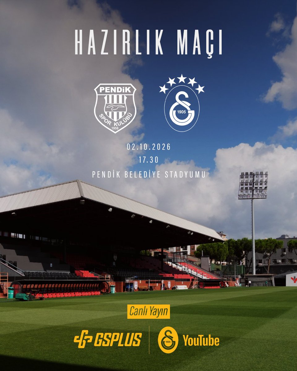 GalatasaraySK's tweet photo. ℹ️ Galatasarayımız, O. Y. Pendikspor ile 2 Ekim Cuma günü saat 17.30'da Pendik Belediye Stadyumu'nda özel bir hazırlık maçı yapacaktır.

Karşılaşmayı Galatasaray YouTube Kanalı ve GSPlus’tan canlı yayınla izleyebilirsiniz. https://t.co/g5O5UyYhWa