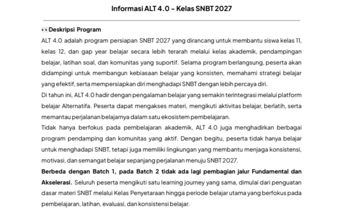 echaanary's tweet photo. ALT 4.0 — BATCH 2
by Alternatifa

Program persiapan SNBT 2027 yang berlangsung Oktober 2026 – April 2027.

Ada:
📚 Live Class
🎥 Rekaman kelas
📝 Airdrop
🌱 Habit
🫂 Mentoring
💬 Community
🎯 Tryout

dan masih ada beberapa fitur lainnya. https://t.co/GPFnMLMXzD