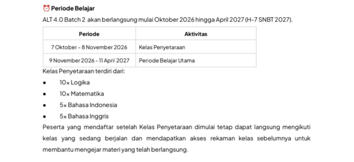 echaanary's tweet photo. ALT 4.0 — BATCH 2
by Alternatifa

Program persiapan SNBT 2027 yang berlangsung Oktober 2026 – April 2027.

Ada:
📚 Live Class
🎥 Rekaman kelas
📝 Airdrop
🌱 Habit
🫂 Mentoring
💬 Community
🎯 Tryout

dan masih ada beberapa fitur lainnya. https://t.co/GPFnMLMXzD