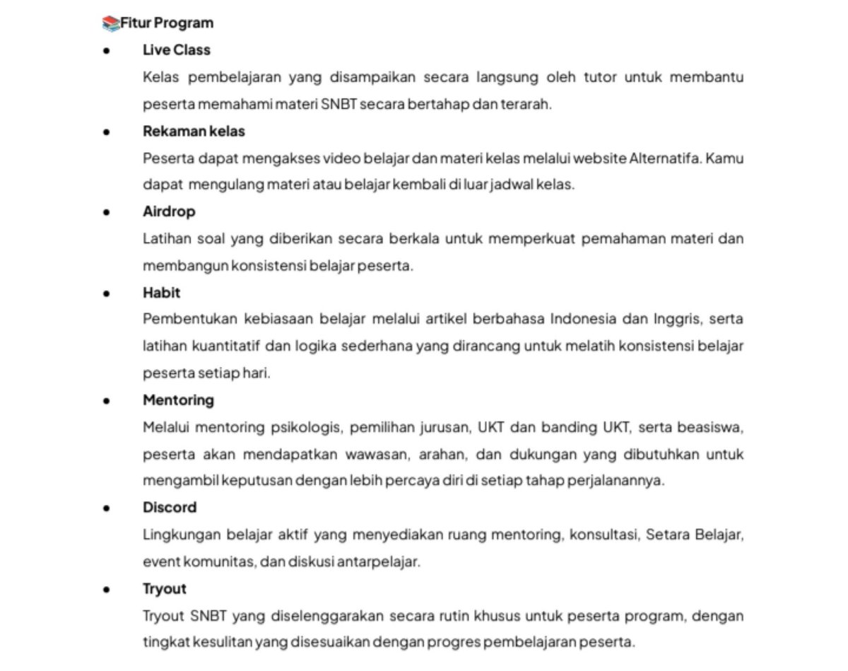 echaanary's tweet photo. ALT 4.0 — BATCH 2
by Alternatifa

Program persiapan SNBT 2027 yang berlangsung Oktober 2026 – April 2027.

Ada:
📚 Live Class
🎥 Rekaman kelas
📝 Airdrop
🌱 Habit
🫂 Mentoring
💬 Community
🎯 Tryout

dan masih ada beberapa fitur lainnya. https://t.co/GPFnMLMXzD