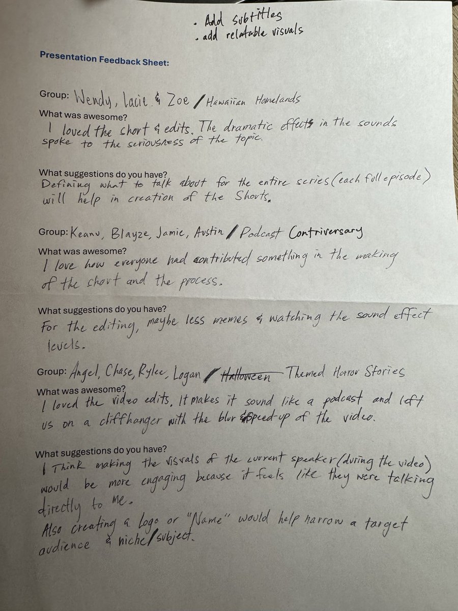 elyssa_duarte2's tweet photo. I had a great time watching everyone's youtube shorts presentations! Looking forward to seeing all of our first episodes! Here’s my feedback that we discussed in class #feedback #groupprojects @CM320Class @M4N74RFL7 @luckieredacted https://t.co/AxAIZFCXm7