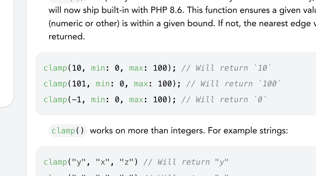enunomaduro's tweet photo. coming for php 8.6: clamp function

kinda cool, no more of that min(max( chain we were always doing https://t.co/cNkLnnvuho