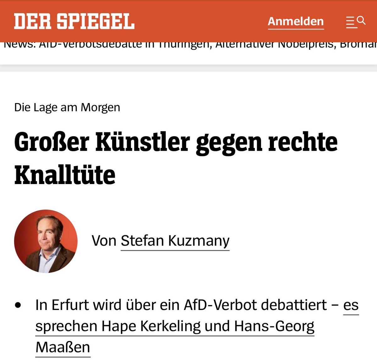 HGMaassen's tweet photo. Der SPIEGEL hat ein bemerkenswertes Verhältnis zu journalistischen Standards. Mit Relotius verbindet sich einer der größten Fälschungsskandale des deutschen Journalismus; mit Stefan Kuzmany demonstriert das Blatt nun auch sprachliche Niveaulosigkeit.

Wer einen Sachverständigen in einer Debatte über ein Parteiverbotsverfahren als „rechte Knalltüte“ bezeichnet, ersetzt die Auseinandersetzung mit Argumenten durch persönliche Herabsetzung.

Mich beeindruckt das nicht. Es sagt mehr über den SPIEGEL und seinen Autor aus als über mich. In Erfurt geht es um eine ernsthafte verfassungsrechtliche Frage. Wer dazu nichts Besseres beizutragen hat als Beschimpfungen, dokumentiert damit vor allem das eigene journalistische Niveau.