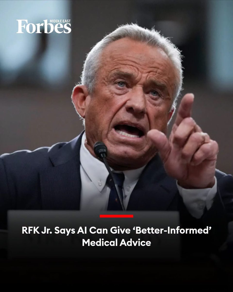Forbes_MENA_'s tweet photo. US Health Secretary Robert F. Kennedy Jr. said AI could give patients a “better-informed” second opinion than doctors and argued the technology could reshape how Americans assess medical advice.

#Forbes 

For More Details: https://t.co/jJx3fXOtcA https://t.co/D5WqzAnnb3