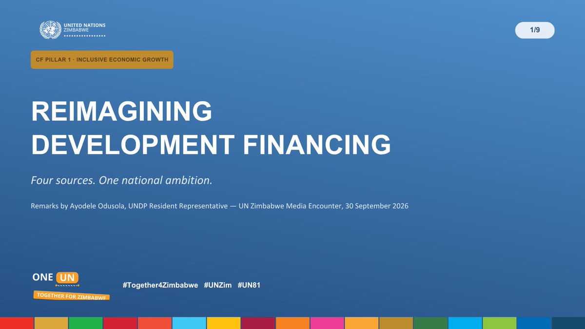 UNZimbabwe's tweet photo. MEDIA ENCOUNTER HIGHLIGHTS:
1/9 Grant funding & public budgets alone won't meet Zimbabwe's ambitions in infrastructure, energy & jobs. @UNDPZimbabwe Resident Rep @AyodeleOdusola laid out a different way to think about where the money comes from.
#Together4Zimbabwe #UN81 https://t.co/ddyDI9Idhe