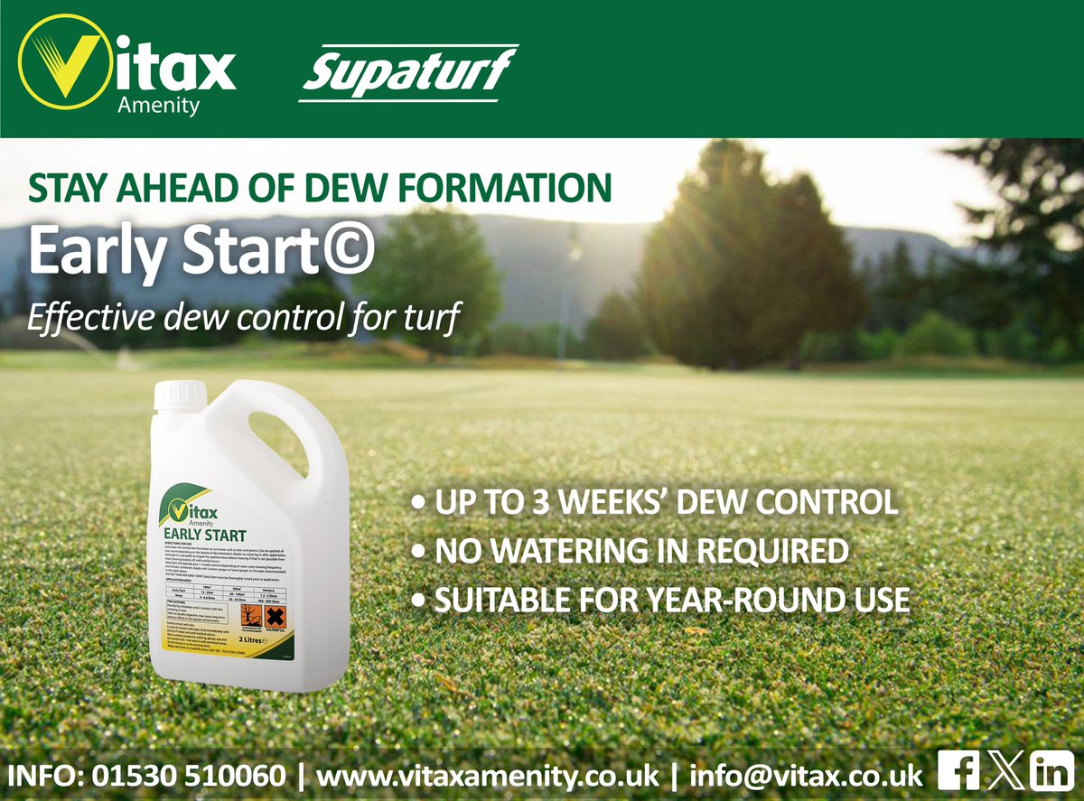 Supaturf_Uk's tweet photo. Stay ahead of dew formation with Early Start©: 
• Up to 3 weeks’ dew control 
• No watering in required 
• Suitable for year-round use 
• Supports an integrated disease management programme
#turfmanagement #FineTurf #greenkeepinglife https://t.co/qY8CQ47uOs