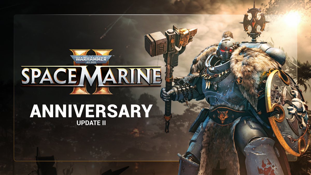 Promotional artwork for Warhammer 40,000: Space Marine 2 featuring a Space Wolves chapter Space Marine wielding a massive thunder hammer and ornately decorated shield, with text announcing "Warhammer 40,000 Space Marine II Anniversary Update II" displayed prominently against a dramatic war-torn landscape. The image visually represents the game's Anniversary Update 2, which introduces new free content including a one-handed Thunder Hammer, new modes, and Space Wolves-themed cosmetic packs.