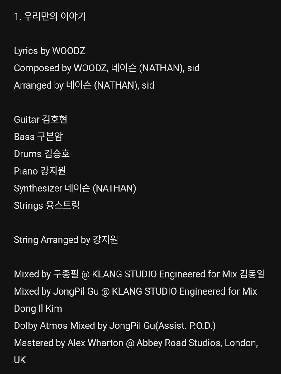 s2_sosick_s2's tweet photo. 260930 우리들만의 이야기 발매

Lyrics by WOODZ
Composed by WOODZ, 네이슨(NATHAN), sid
Arranged by 네이슨 (NATHAN), sid
Guitar 김호현
Bass 구본암
Drums 김승호
Piano 강지원
Synthesizer 네이슨 (NATHAN)
Strings 융스트링

WOODZ, 이승철의 40th Anniversary Tribute Duet VOICE TO VOICE https://t.co/BsrawaKa3K
