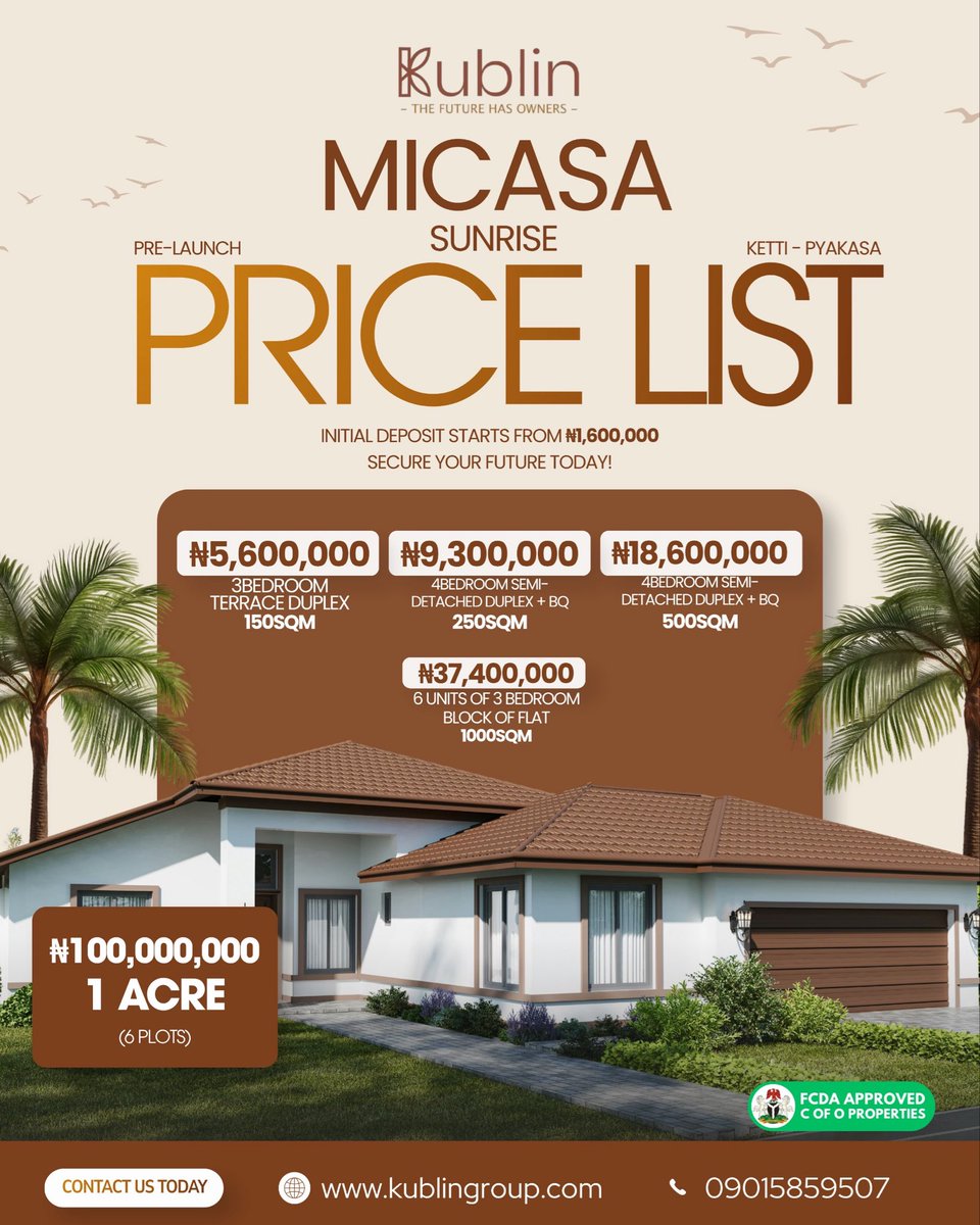 kublingroup's tweet photo. 🏡 YOUR FUTURE STARTS HERE!

Introducing MiCasa Sunrise, Kublin Group’s pre-launch residential development in Ketti - Pyakasa, thoughtfully designed for comfortable living and smart property investment.

From ₦5.6M, secure your place in a growing community with options ranging from 3-bedroom terrace duplexes to 4-bedroom semi-detached duplexes, blocks of flats, and even 1-acre plots.

📌 Initial deposit starts from ₦1.6M

📍 Ketti–Pyakasa

🏷️ Pre-launch prices available now

Don’t just dream about owning property. Make the move and secure your future today.

📞 09015859507
🌐 https://t.co/A43OU3lHFg

Kublin Group — The Future Has Owners.