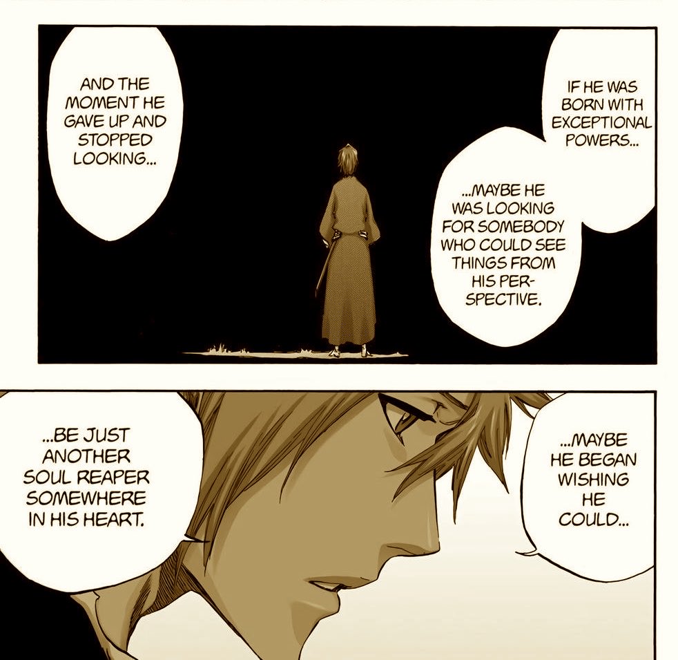 TetradDualist's tweet photo. ⠀    
 ⠀   What he felt in Kyōka Suigetsu, suggests more.

“What you’re truly looking for, Aizen. You were never gonna find it here. You threw it away.”

 ⠀ https://t.co/TvQJBLE7o5