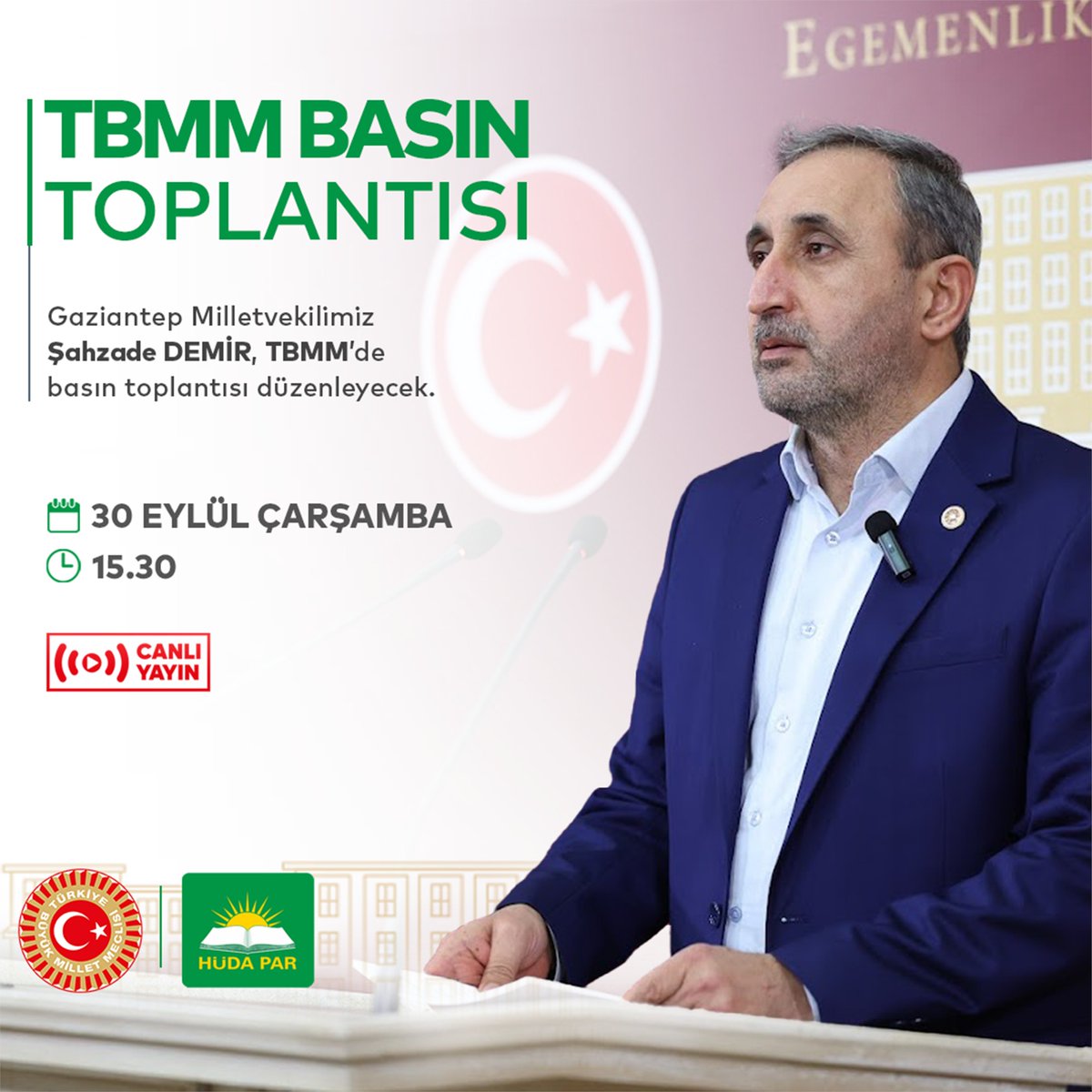 HurDavaPartisi's tweet photo. Gaziantep Milletvekilimiz Şahzade Demir, bugün saat 15.30’da TBMM’de basın toplantısı düzenleyecektir. https://t.co/AAhRe6Ojvy