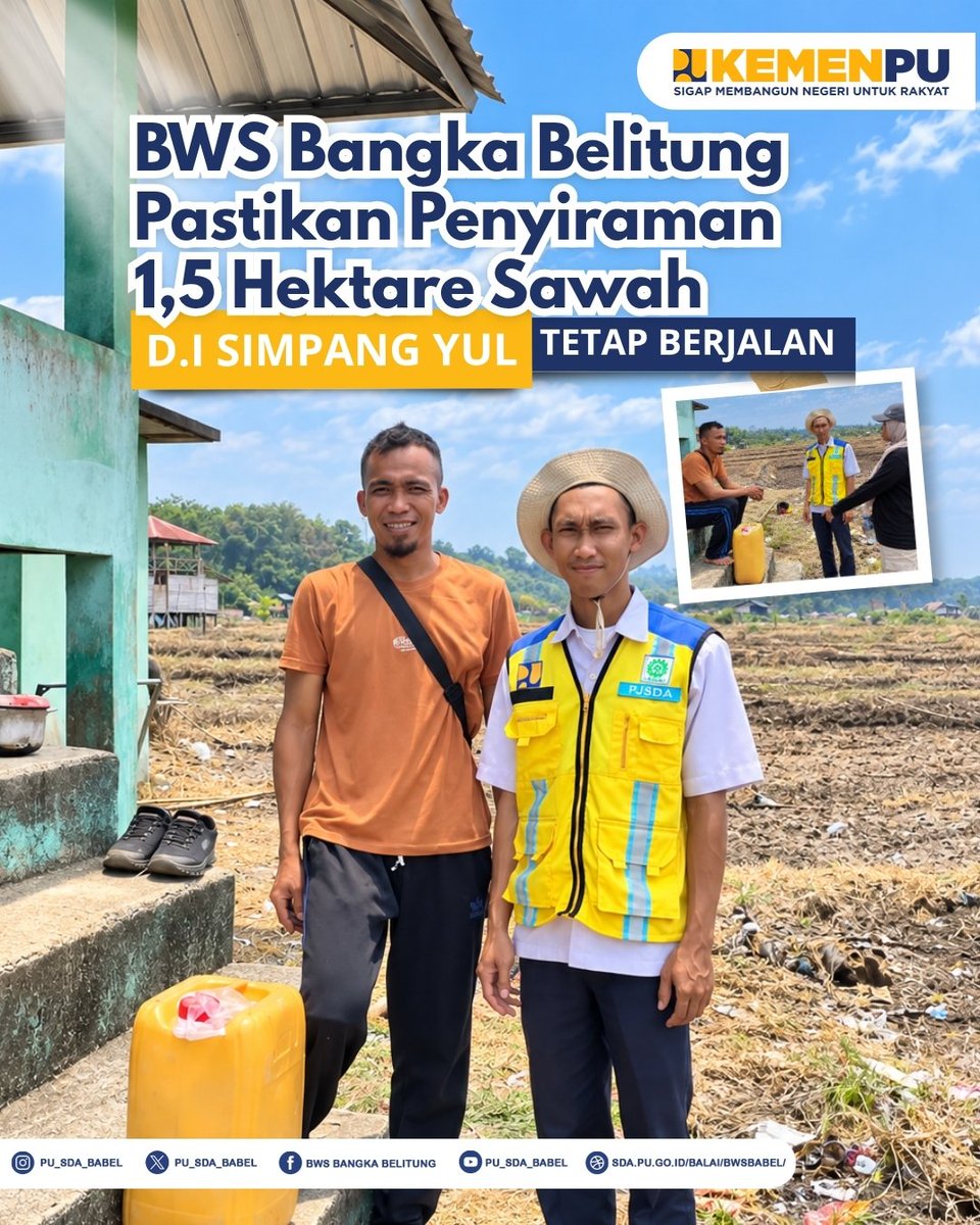 pu_sda_babel's tweet photo. BWS Bangka Belitung memantau kondisi 1,5 h sawah DI Simpang Yul dengan padi berusia 20–30 hari. Pemantauan dan dukungan operasional pompanisasi  untuk menjaga kebutuhan air hingga target panen Desember
#MengelolaAirUntukNegeri #KementerianPU #SigapMembangunNegeriUntukRakyat https://t.co/8EZ9ebQC1t