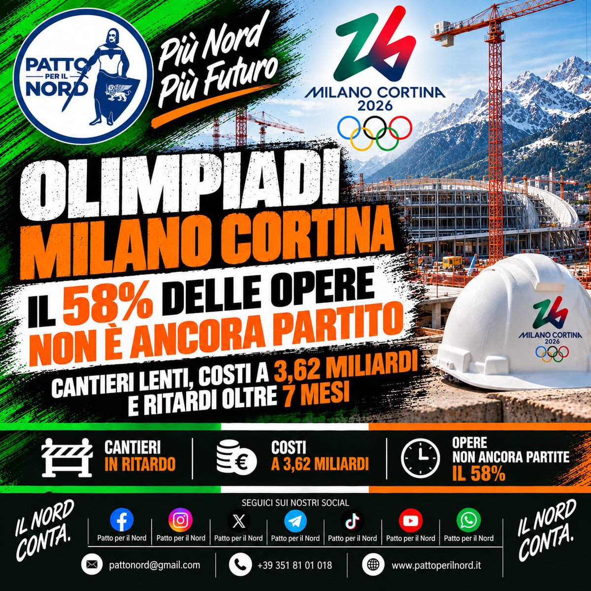 Pattoperilnord's tweet photo. MILANO CORTINA: I GIOCHI SONO FINITI, MA I CANTIERI NO.
Costi arrivati a 3,62 miliardi di euro, opere ancora da completare e ritardi che, per molti interventi, superano i 7 mesi.
Continua qui👇
https://t.co/1MdnsYfP8m
#tagada #piazzapulita #lariachetira #dimartedi https://t.co/uumaeXTknx