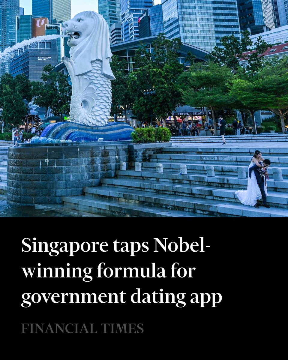 FT's tweet photo. Singapore's government has launched a pilot scheme for a dating service using a Nobel Prize-winning matchmaking algorithm https://t.co/pt6Ltn0WyT https://t.co/hCS9efyBCt