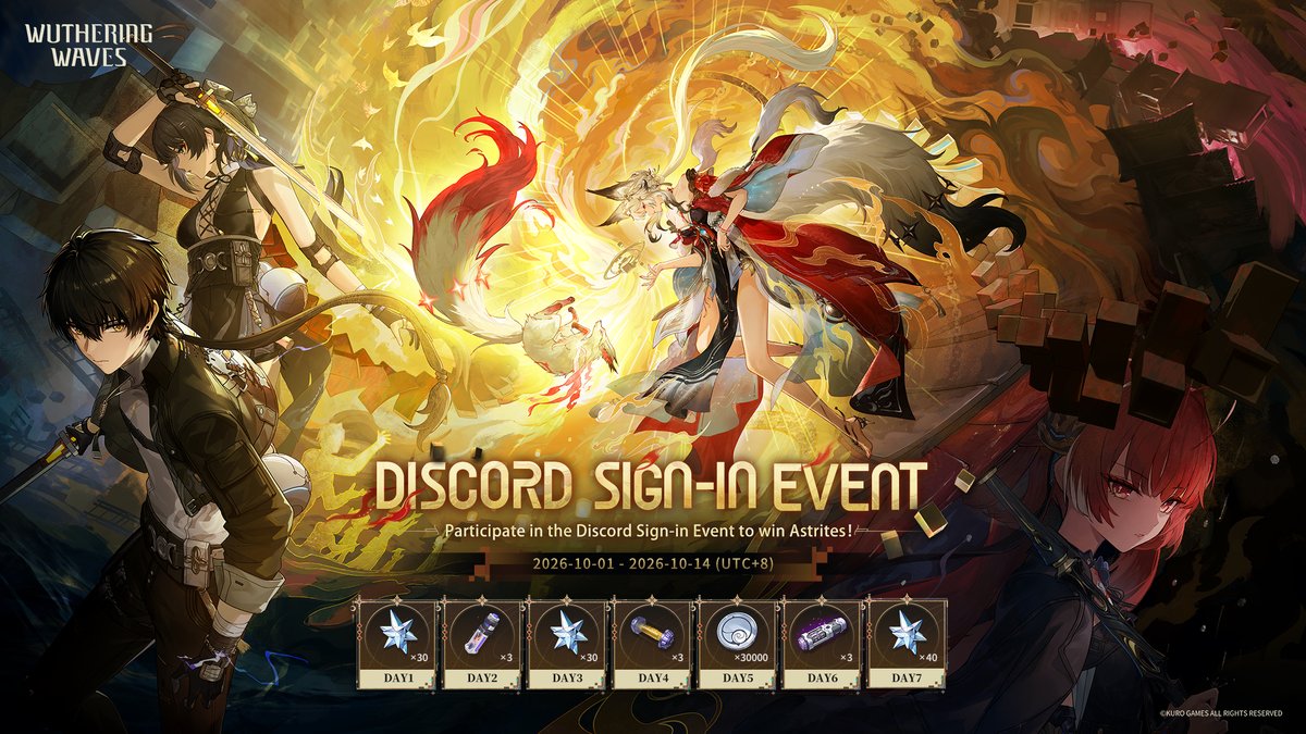 Wuthering_Waves's tweet photo. Dear Rovers,

The Wuthering Waves V3.7 Discord Sign-In Event is live today! Join our official Discord server and link your Discord account to earn Astrites by participating in the sign-in event. 
Check the link below to join Wuthering Waves' official Discord server, and remember to log in daily for exciting rewards!

Official Discord: https://t.co/GlpLSJPAcB
Event Duration: 2026-10-01 - 2026-10-14 (UTC+8)
Event Rules: Visit the Discord event server for detailed information.

#WutheringWaves