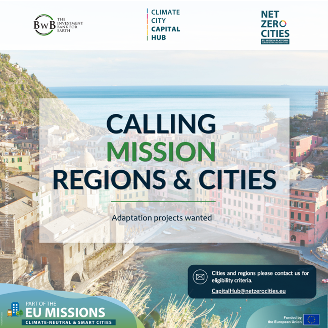 NetZeroCitiesEU's tweet photo. 🎯Are you a city or region with a climate adaptation project that needs financing?

The Capital Hub helps facilitate the shift from climate action plans to investment-ready projects.

Get in touch today👇

@BwB_bank4earth #MissionCities #EUMissions https://t.co/1u08bokYkq