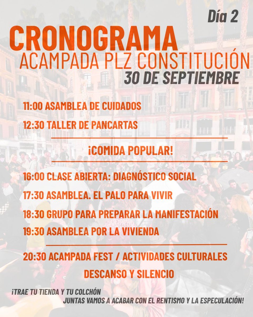 InquilinatoMLG's tweet photo. CRONOGRAMA ACAMPADA • DÍA 2

✨️ Aquí tenemos la programación de hoy en la #AcampadaPorLaVivienda de Málaga 

Vente, apoya y acampa

📣 A las 19:30h nos vemos en la asamblea

#NosQuedamos https://t.co/tnmsIrLZ8H