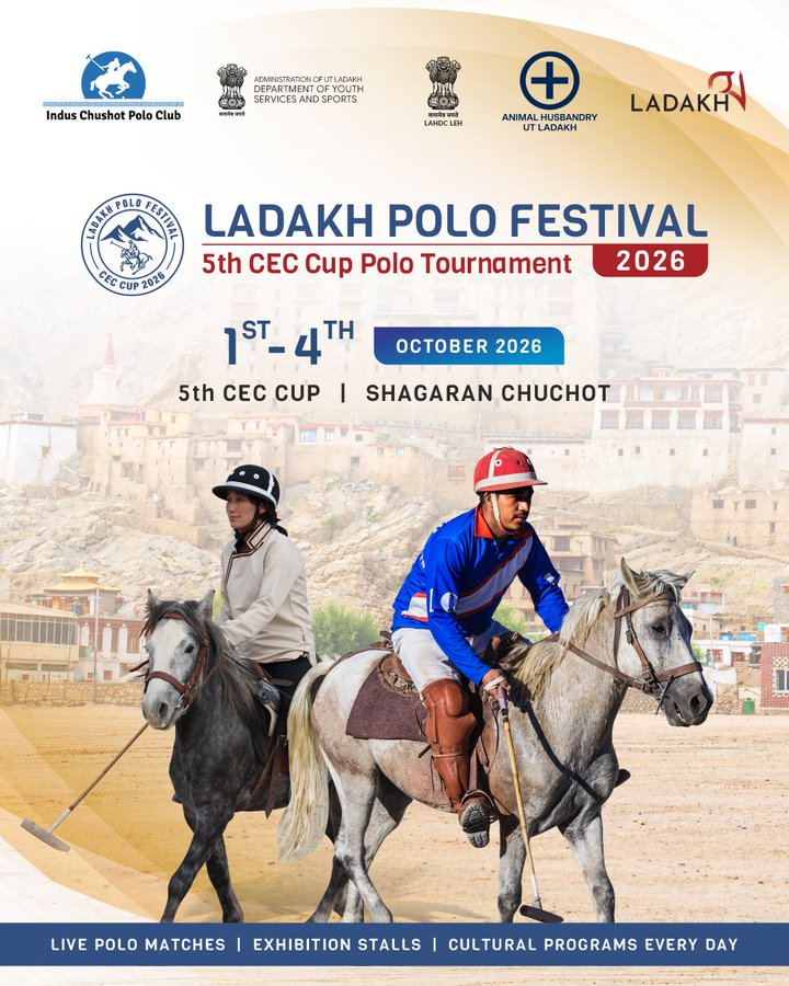 Ladakh_Updates's tweet photo. 🏇 The Ladakh Polo Festival 2026 brings four days of polo and culture to Shagaran, Chuchot!

🏆 5th CEC Cup Polo Tournament 📅 1–4 October 2026 📍 Shagaran, Chuchot, Ladakh
Enjoy live matches, exhibition stalls and cultural programmes. ✨ https://t.co/EqgNQXmVte