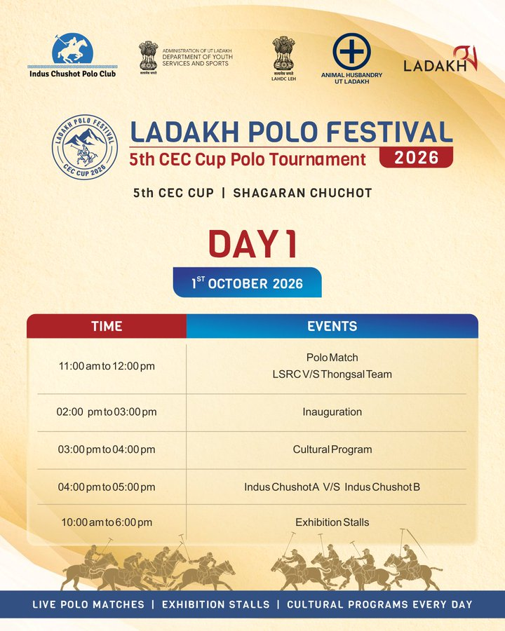 Ladakh_Updates's tweet photo. 🏇 The Ladakh Polo Festival 2026 brings four days of polo and culture to Shagaran, Chuchot!

🏆 5th CEC Cup Polo Tournament 📅 1–4 October 2026 📍 Shagaran, Chuchot, Ladakh
Enjoy live matches, exhibition stalls and cultural programmes. ✨ https://t.co/EqgNQXmVte