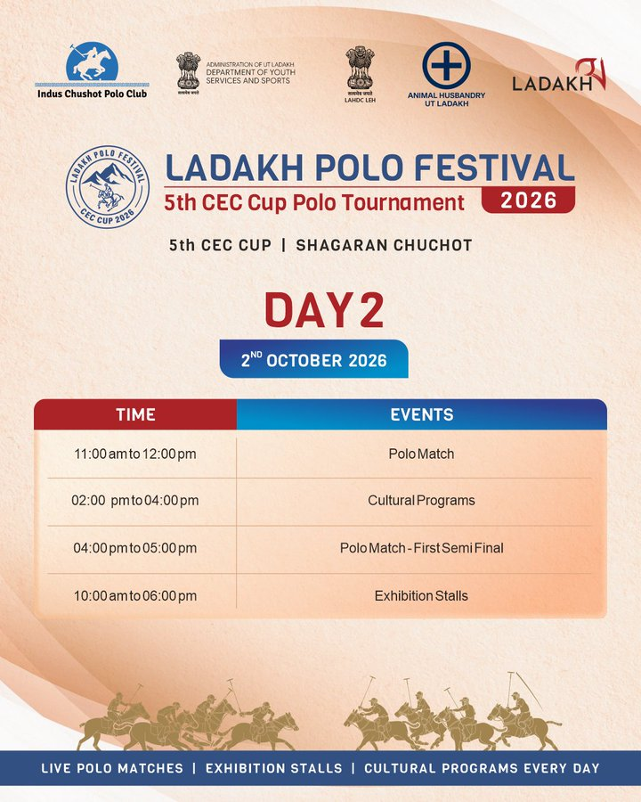 Ladakh_Updates's tweet photo. 🏇 The Ladakh Polo Festival 2026 brings four days of polo and culture to Shagaran, Chuchot!

🏆 5th CEC Cup Polo Tournament 📅 1–4 October 2026 📍 Shagaran, Chuchot, Ladakh
Enjoy live matches, exhibition stalls and cultural programmes. ✨ https://t.co/EqgNQXmVte