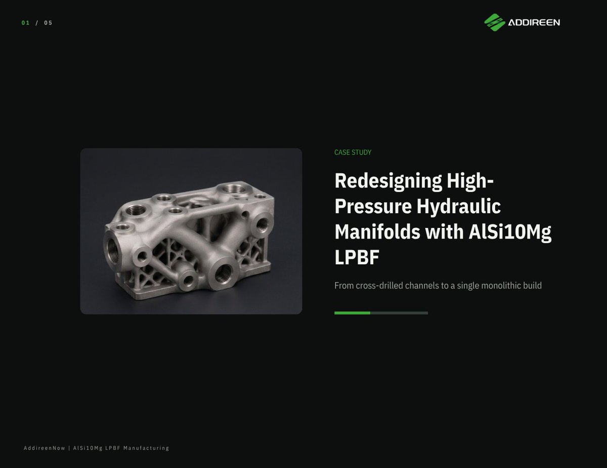 addireenglobal's tweet photo. Conventional hydraulic manifolds: intersecting drilled channels, threaded plugs, sharp turns. Every plug is a potential leak point.

Redesigned in AlSi10Mg for LPBF: curved flow channels, fewer plugs, compact topology-optimized body. https://t.co/Bap5aJdMKj