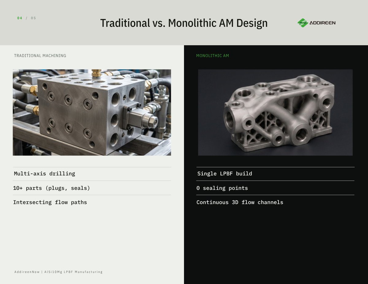 addireenglobal's tweet photo. Conventional hydraulic manifolds: intersecting drilled channels, threaded plugs, sharp turns. Every plug is a potential leak point.

Redesigned in AlSi10Mg for LPBF: curved flow channels, fewer plugs, compact topology-optimized body. https://t.co/Bap5aJdMKj