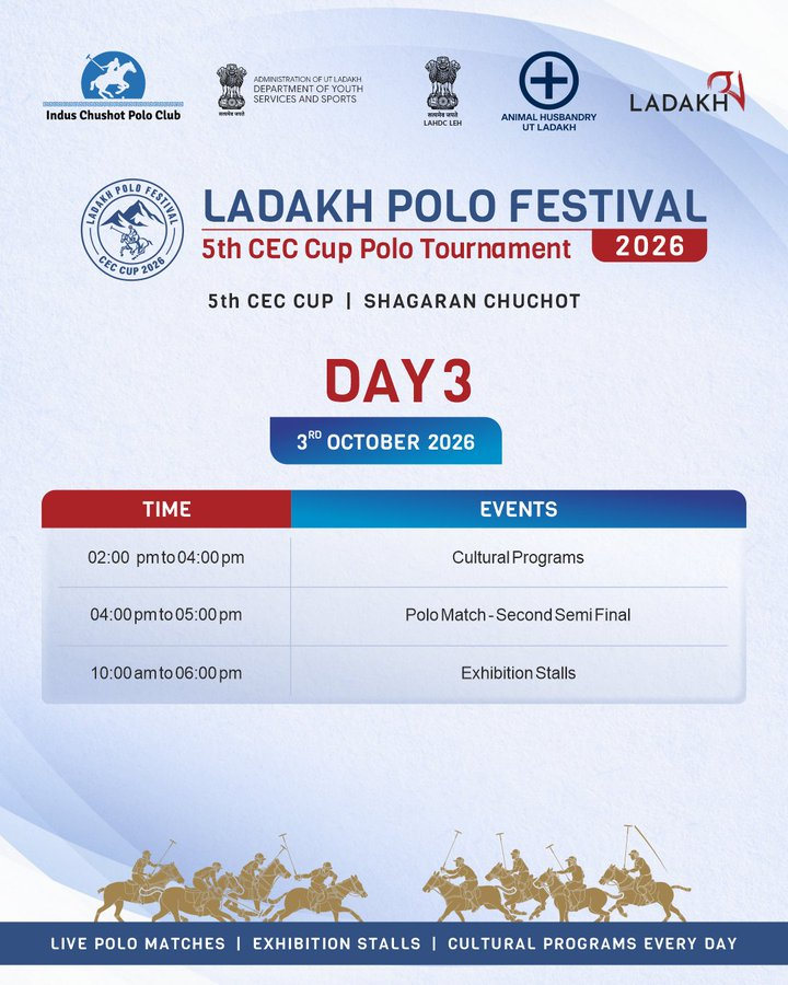 Ladakh_Updates's tweet photo. 🏇 The Ladakh Polo Festival 2026 brings four days of polo and culture to Shagaran, Chuchot!

🏆 5th CEC Cup Polo Tournament 📅 1–4 October 2026 📍 Shagaran, Chuchot, Ladakh
Enjoy live matches, exhibition stalls and cultural programmes. ✨ https://t.co/EqgNQXmVte