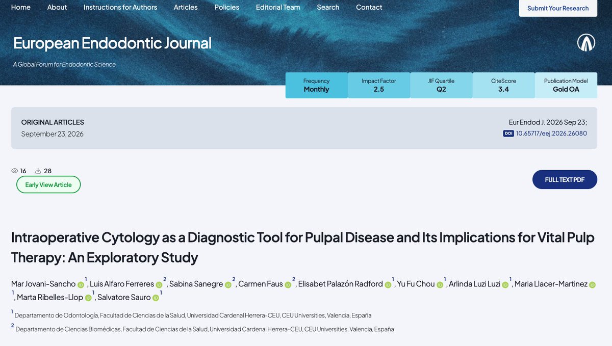 CienciaUCHCEU's tweet photo. Profesores de los Dptos de #Odontología y Ciencias #Biomédicas de @uchceu publican el primer estudio estandarizado sobre el uso de la citología para analizar las células de la pulpa dental durante el procedimiento clínico
En el European Endodontic Journal:
https://t.co/96pTLNKjv9 https://t.co/3XniUv54jG