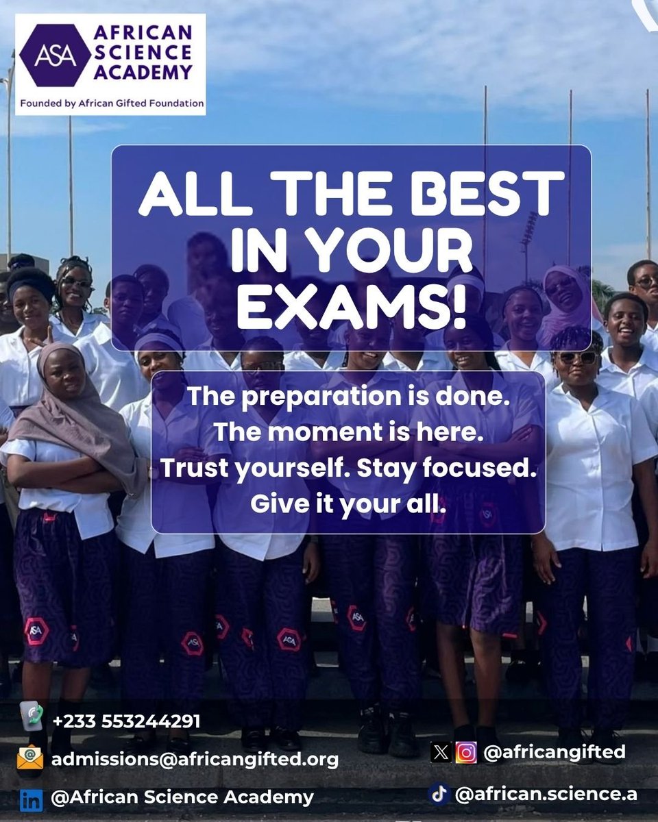 AfricanGifted's tweet photo. All the best to our Class of 2027!
Trust in your preparation, stay focused, and remember all the hard work that has brought you to this moment. Take each paper one step at a time and give it your very best.
#AfricanScienceAcademy #ClassOf2027 #InsideASA #AllTheBest https://t.co/oKlGkcAcd0