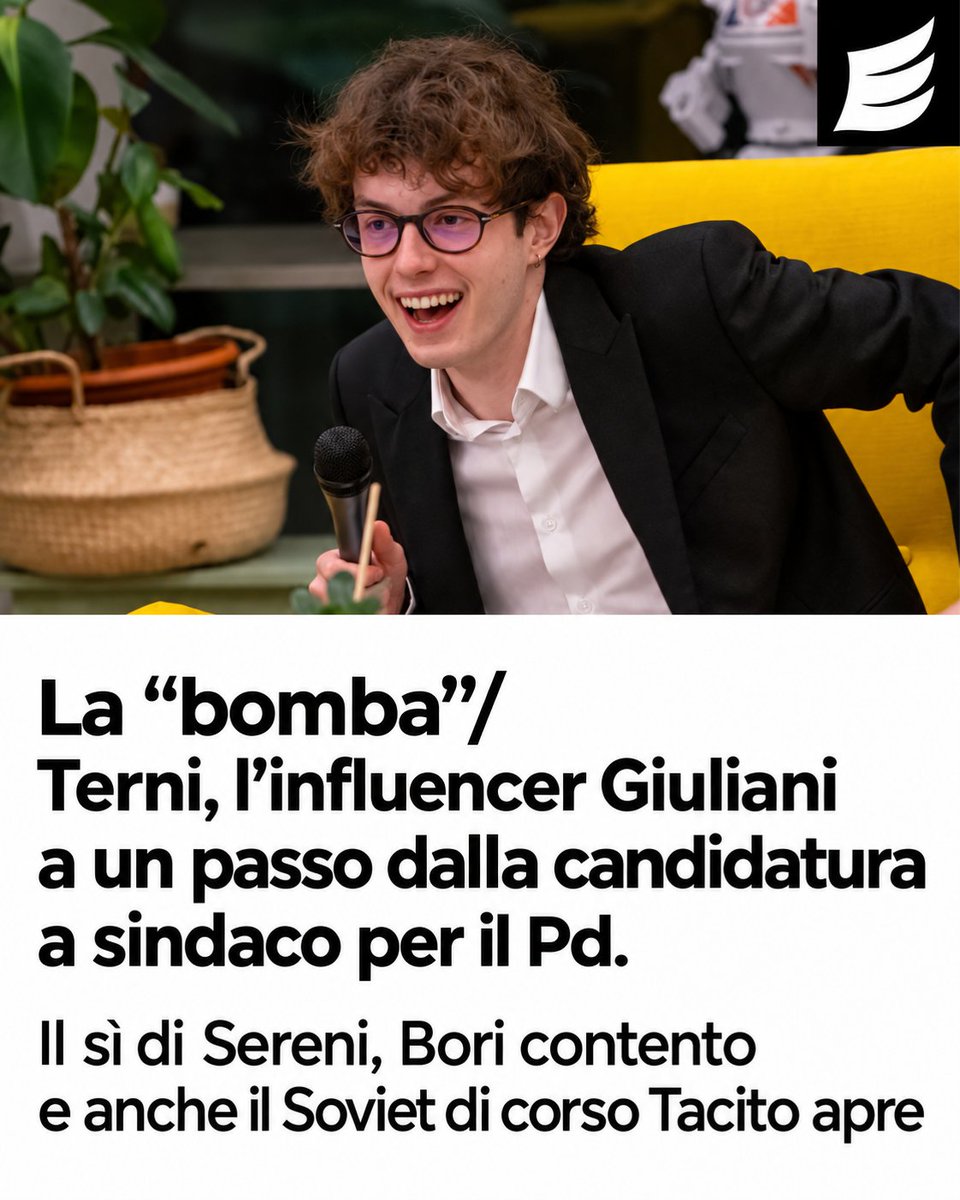 EsperiaItalia's tweet photo. In bocca al lupo al “divulgatore social” Raffaele Giuliani, di cui ci eravamo occupati nella nostra inchiesta sui creator “progressisti” e i loro legami con i partiti, per la sua probabile candidatura a sindaco di Terni con il PD. Secondo il giornale locale Umbria7, il 23enne ternano, studente alla LUMSA di Roma, sarebbe a un passo dal diventare il candidato del campo largo. L’articolo riferisce del favore di Marina Sereni e di aperture dei vertici locali del PD, prospettando anche il sostegno del vicepresidente della Regione Umbria, Tommaso Bori.
