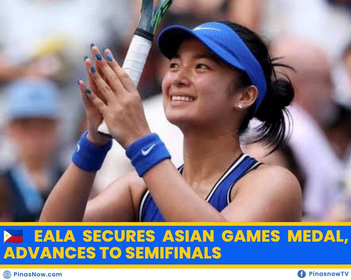pinasnowTV's tweet photo. 🇵🇭🎾 MEDAL SECURED!

Alex Eala defeats Joanna Garland 7–5, 6–0 to reach the Asian Games semifinals and guarantee at least bronze.

Tomorrow, she battles for a spot in the gold-medal match! 🔥

#AlexEala #AsianGames2026 #LabanAlex #TeamPilipinas https://t.co/L8XqIRW7Lu