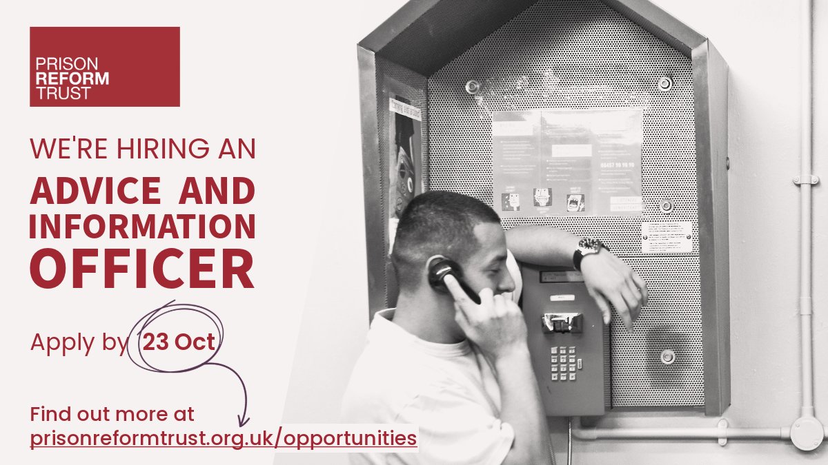 PRTuk's tweet photo. *OPPORTUNITY* We're seeking an experienced adviser to join our dedicated team, providing information, advice and advocacy to people in prison and their families. Help resolve problems, support volunteers and contribute to wider criminal justice reform.

https://t.co/8ph2mKkaOu https://t.co/LvSkDPSJhx