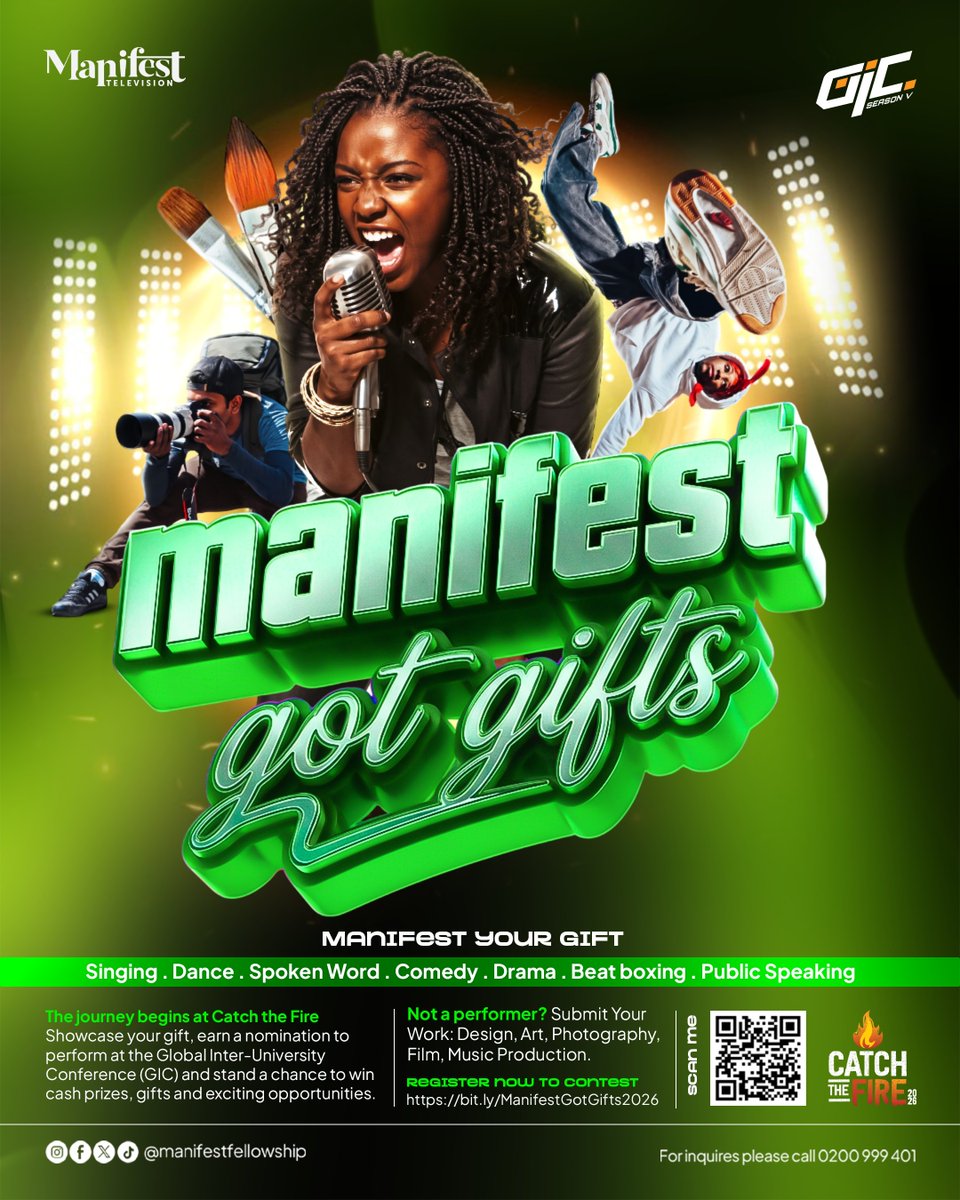 ManifestUganda's tweet photo. 🕺🏼🥳MANIFEST GOT GIFTS 🔥

Manifest Fellowship in conjunction with Manifest Television present Manifest Got Gifts; an opportunity for you to showcase your gift at the Catch The Fire conferences and stand a chance to win cash prizes, gifts and exciting opportunities at the #GIC2026.

🔗Register using the link to join; https://t.co/ExIsCaufRg

📌Non performers are urged to submit their work in the categories mentioned on the flyer.

☎️For inquiries, please reach out on 0200999401

Communications, Manifest Fellowship