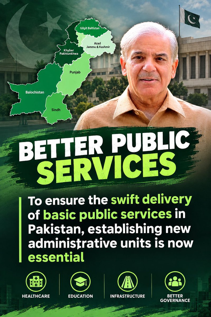 NationTalk5's tweet photo. Better public services need a stronger administrative structure. Creating new administrative units can help bring healthcare, education, infrastructure and governance closer to the people, ensuring faster and more effective service delivery.

#pakistan https://t.co/W0B7TI3voU