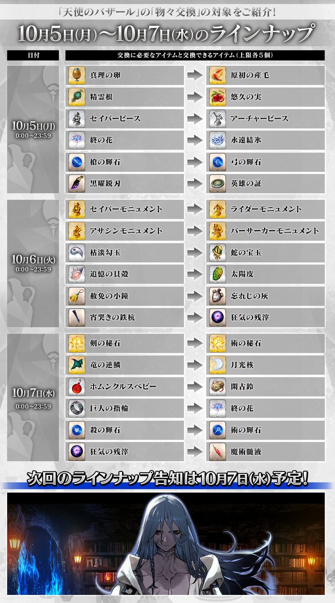fgoproject's tweet photo. 【カルデア広報局より】 
「アズライールの廟」より利用できる「天使のバザール」の「物々交換」のラインナップをご紹介！
10月1日(木)0:00～10月7日(水)23:59までのラインナップをお知らせいたしますので、交換の予定をたてる際にご活用ください。

「物々交換」で交換できるアイテムは毎日0:00に更新されますので、お目当てのアイテムが登場した際はご利用をお忘れなく！

#FGO