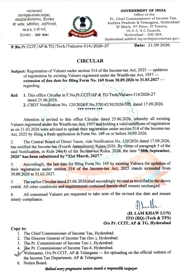 h_pongilath's tweet photo. Pr. Chief Commissioner of Income Tax Circular (21st Sept' 2026) extended the Updation Registration of Valuers under Section 514 of IT Act, 2025 for filing Form No. 169
upto 31st March 2027
#Valuers #WealthTax #IncomeTax #AndhraPradesh #Telangana https://t.co/5ccKNyh1Ok