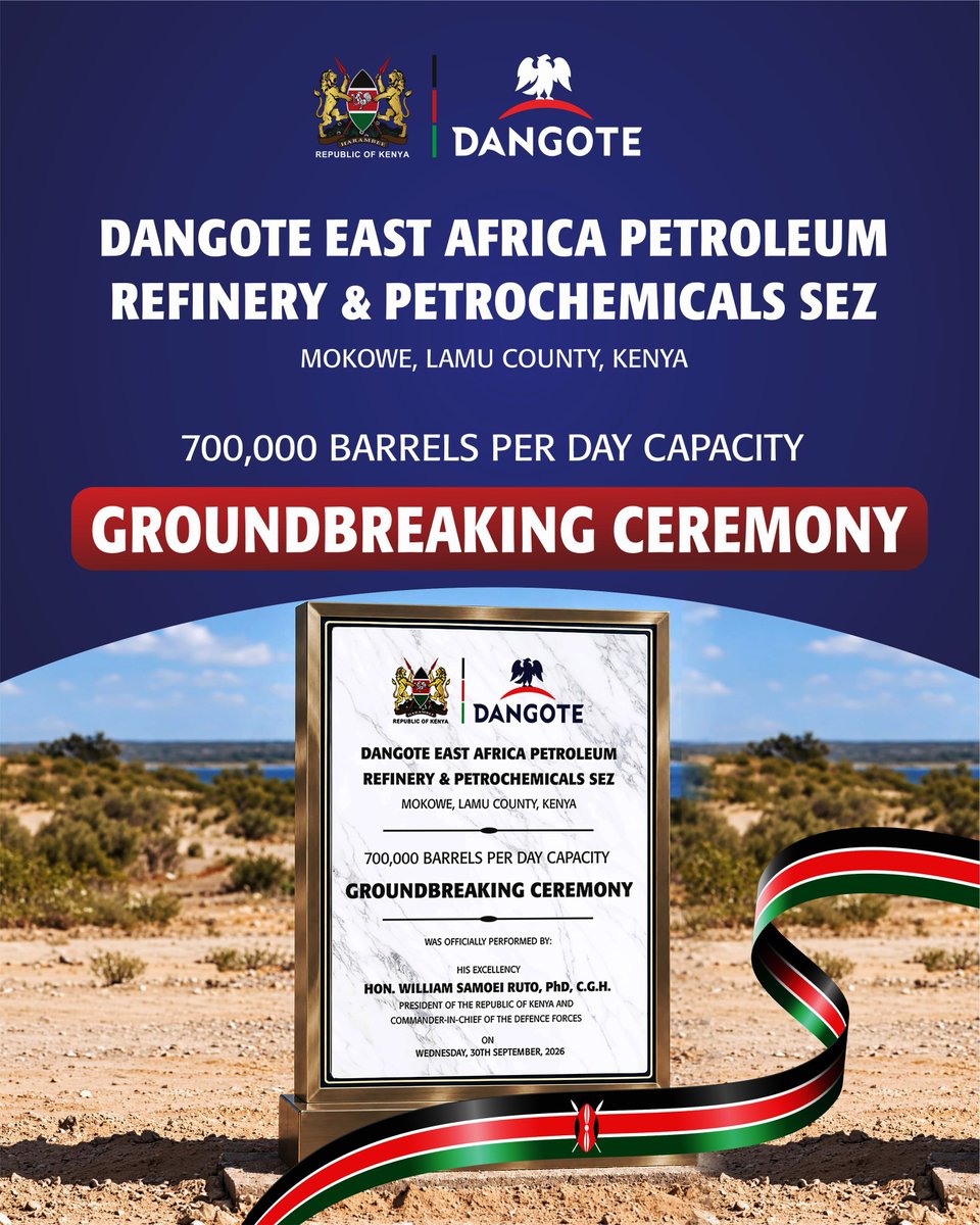 DangoteAfricaa's tweet photo. Join us live from Kenya for the groundbreaking ceremony of the Dangote East Africa Petroleum Refinery and Petrochemicals SEZ.

📺 Watch live on YouTube and be part of the moment.
https://t.co/iZo5ERbVAA

#DangoteGroup #DangoteRefinery #Kenya #Africa https://t.co/UuqfELz4od