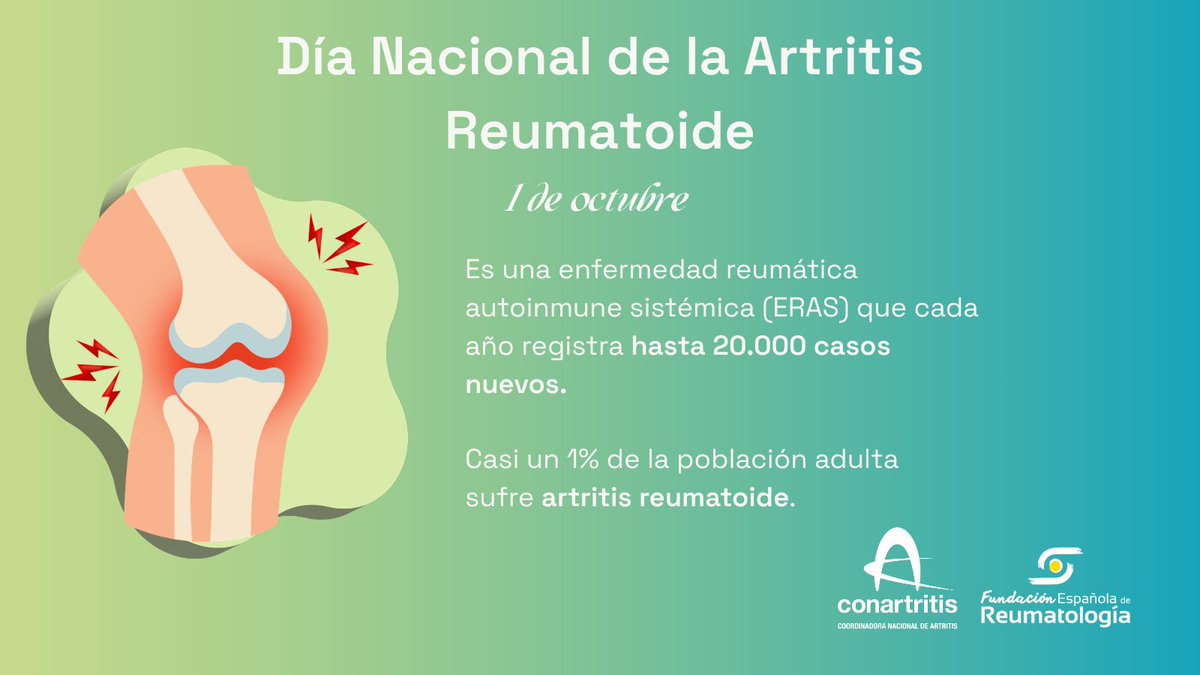 SEReumatologia's tweet photo. 🗓️ #DíaNacionaldelaArtritisReumatoide | Hoy es una fecha para dar visibilidad una enfermedad que afecta 400.000 mil personas en #España.

🟢 La #artritisreumatoide va mucho más allá del dolor o la inflamación de las articulaciones. 

Puede afectar a diferentes aspectos de la salud y, por ello, es fundamental contar con un diagnóstico precoz, un seguimiento adecuado y un abordaje integral.

¡Comparte y dale visibilidad!

@ConArtritis