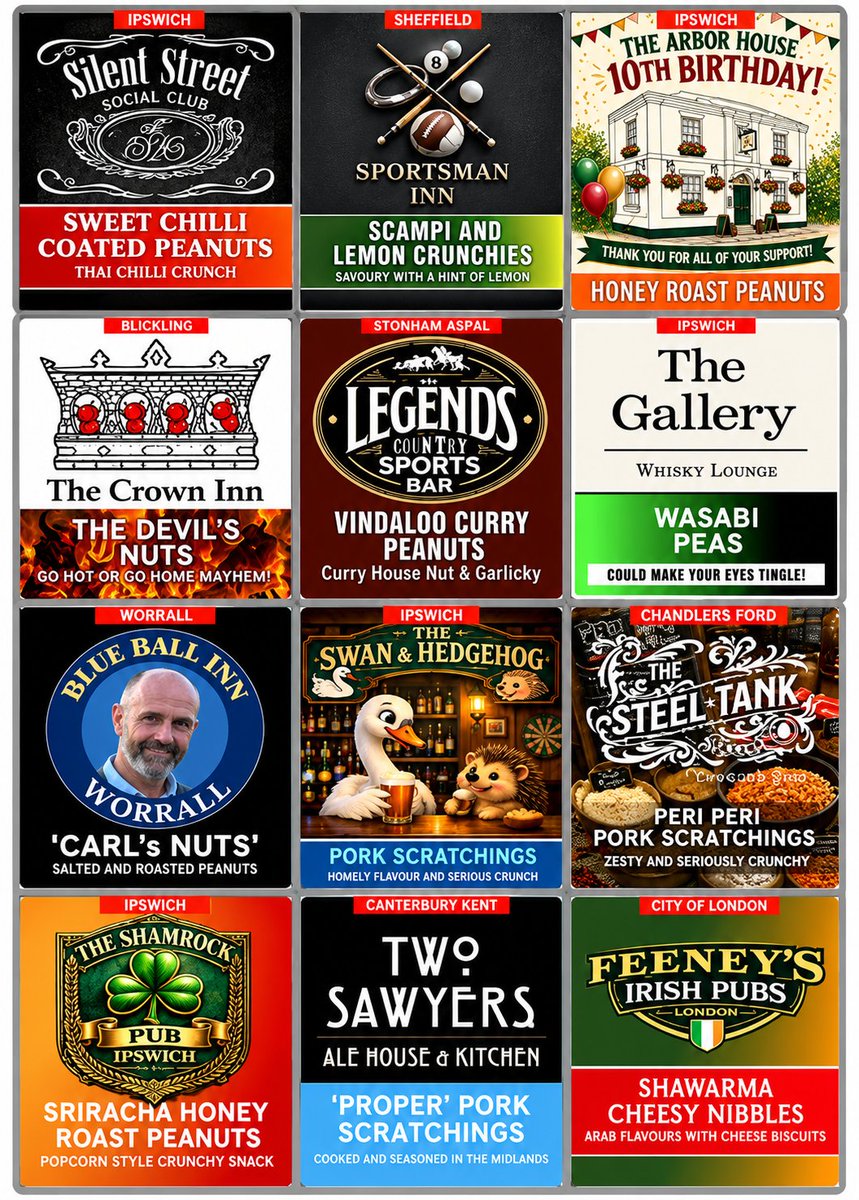 ChooseOwnLabels's tweet photo. Some of our OWN LABEL BAR SNACK customers .. is it time to try something different ? See what they are stocking at https://t.co/YDNT8p6WxQ or request your free branded samples via WhatsApp 07803 552866  #OwnLabelBarSnacks #BarSnacks #PubSnacks #UKPubs #IndependentPubs #PubOwners #PubManager #BarManager #HospitalityUK #PubTrade #LicensedTrade #HospitalityBusiness #BrandedSnacks #PICKaPACK #SnacksWithYourNameOn
#Ipswich #IpswichSuffolk #IpswichBusiness #Suffolk #SuffolkBusiness #SuffolkPubs #IpswichPubs #SupportLocal #IndependentBusiness #IndependentPubs #PubSnacks #BarSnacks #HospitalityUK #SnacksWithYourNameOn