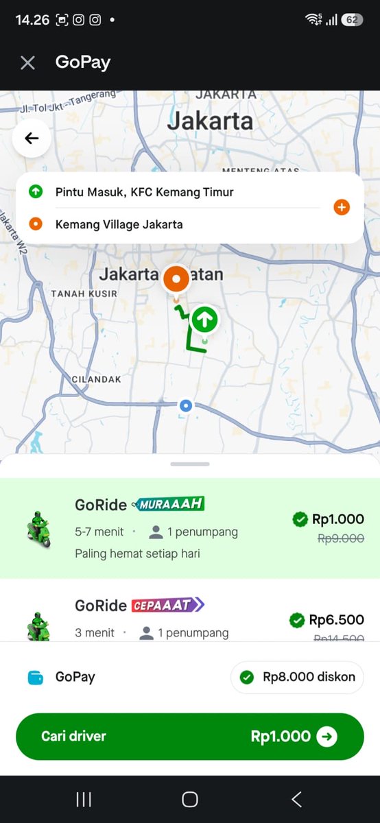 FufiMini's tweet photo. mau main dari kfc kemang timur ke kemang village jadi super irit gara-gara Gojek 1000 Diaplikasi GoPay, praktis pesan gojek langsung di aplikasi gopay mulai dari 1rb aja gokil https://t.co/ssXJetvJ0P