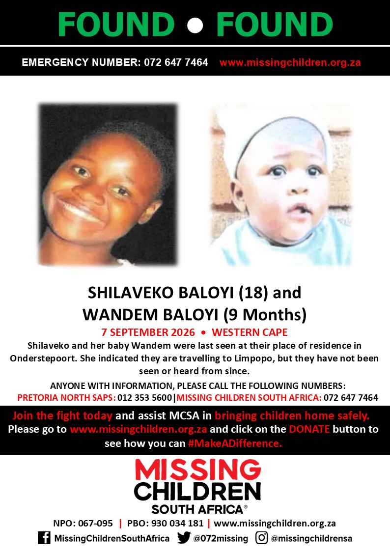 072MISSING's tweet photo. #MCSAFound 

Wonderful news! Shilaveko Baloyi and Wandem Baloyi has been found safe.

If you personally, or your company | or your place of work, would like to make a donation to #MCSA, please click here to donate: https://t.co/x07yLZWFAo Thank you https://t.co/NxBVIxA6je