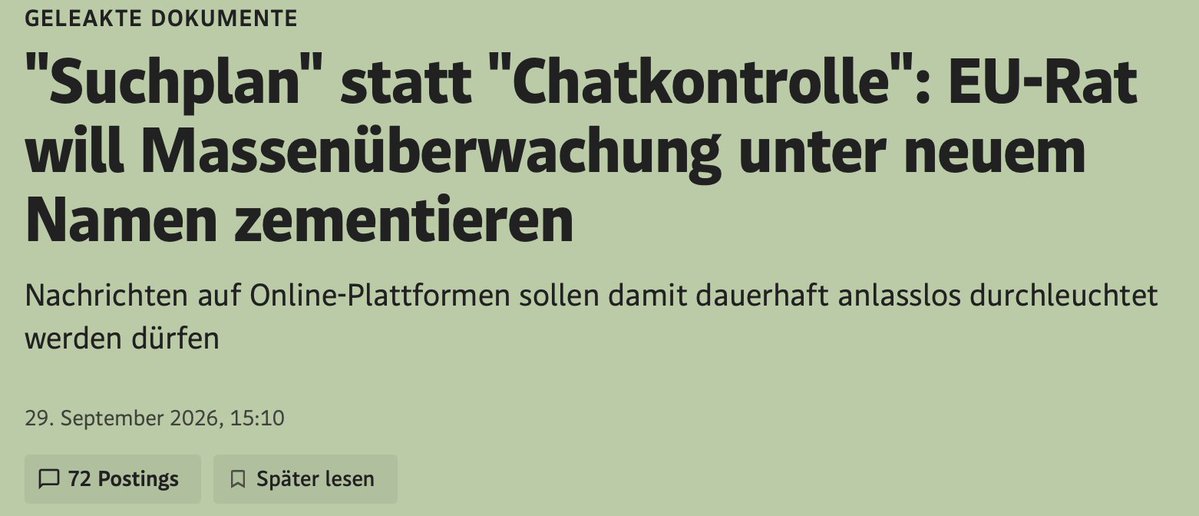AgendaAustria's tweet photo. Egal ob es nun “Suchplan” oder “Chatkontrolle” heißt, Massenüberwachung bleibt Massenüberwachung!

Die Pläne des EU-Ministerrats, die komplette digitale Kommunikation der Bürger nun unter neuem Namen zu durchleuchten, bleiben fundamental mit der Freiheit unvereinbar. Alle Europäer müssen weiter das Recht haben, sich abseits der wachsamen Augen des Staates unterhalten zu können. Österreich darf solchen Plänen im Ministerrat nicht zustimmen.

Mehr dazu gibt es am Freitag in unserer neuen Podcast-Folge.