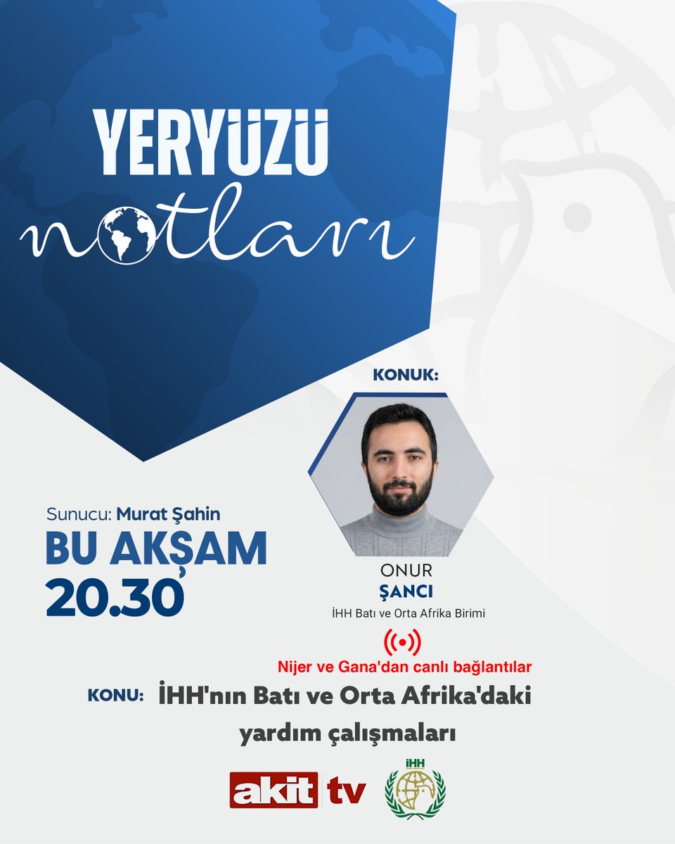 ihhinsaniyardim's tweet photo. ❝İHH'nın Batı ve Orta Afrika'daki Yardım Çalışmaları❞

İHH Batı ve Orta Afrika Birimi'nden Onur Şancı'nın stüdyo konuğu olarak katılacağı Yeryüzü Notları, Nijer ve Gana'dan canlı bağlantılarla bugün saat 20:30’da Akit TV’de! https://t.co/SVfUVACuTI