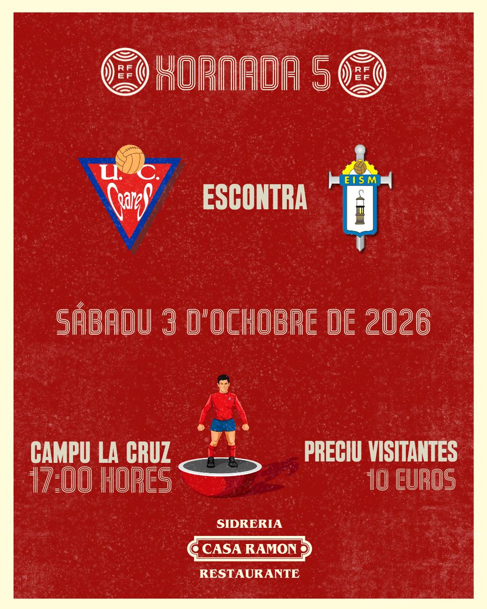UCCeares's tweet photo. 🟥 𝗧𝗘𝗥𝗖𝗘𝗥𝗔 𝗥𝗙𝗘𝗙 | 𝗫𝗢𝗥𝗡𝗔𝗗𝗔 𝟱 

📅 Sábadu 3 d'ochobre de 2026
🕔 17:00
🆚 Escuela de Iniciación San Martín
🏟 Campu La Cruz
🎟️ 12€ xeneral
🎫 10€ socios/es EI San Martín
🕺 8€ acompañante UCC 

🪩 ¡Y depués... pinchada postpartíu! https://t.co/PSZyGD6Z4n