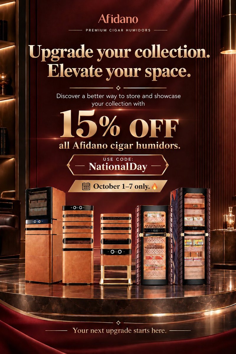 afidanoofficial's tweet photo. ✨ Upgrade your collection. Elevate your space.
Discover a better way to store and showcase your collection with 15% OFF all Afidano cigar humidors.

Use code: NATIONALDAY 🔥
October 1–7 only.

Your next upgrade starts here.@afidanoshop 

🔗 Tap the link in our bio. https://t.co/pNsYuA8y6p