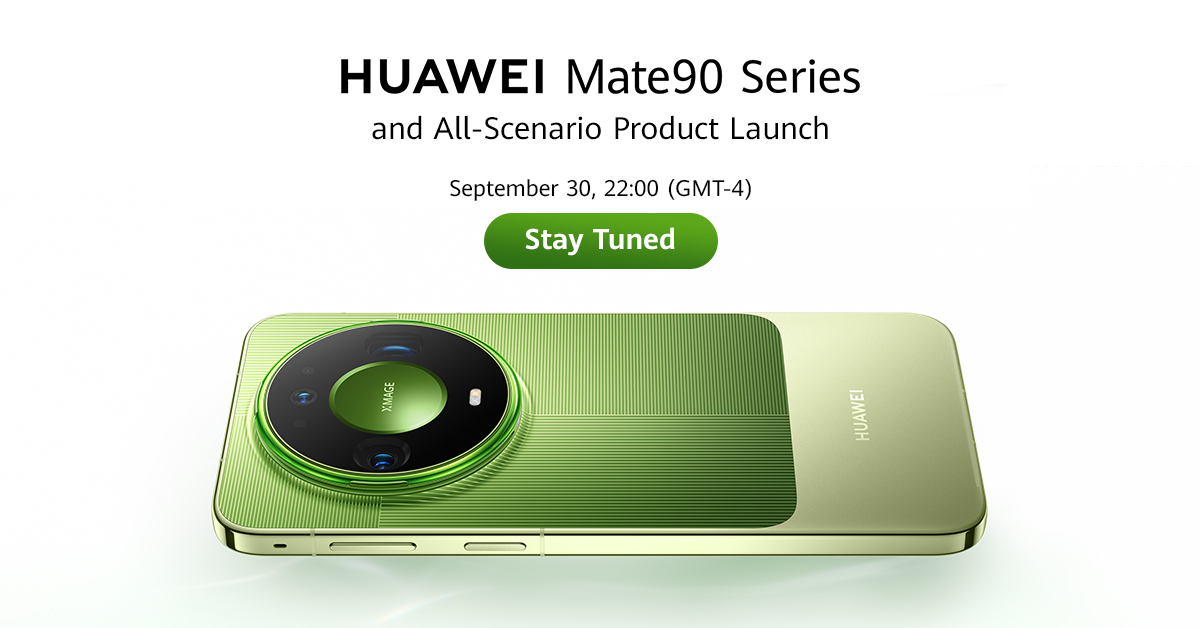 Huawei's tweet photo. The HUAWEI Mate90 Series is coming… Join the HUAWEI Mate90 Series and All-Scenario Product Launch Livestream on Sept. 30ᵗʰ at 10pm (GMT-4) for the first look at Huawei's latest innovations! https://t.co/fkirdNXzJM
