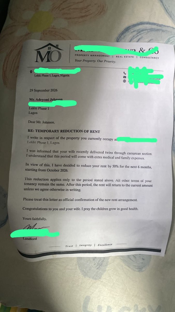 Dammi_Esq's tweet photo. My friend just welcomed twins through CS, and this morning she called me crying.

I immediately thought something was wrong with the babies.

Turns out, her landlord had just sent her a letter reducing their rent by 50%.

I asked her to send me the letter because I honestly couldn’t believe it.

I read it twice.

In Lagos? A landlord actually reducing rent because his tenant’s wife just gave birth to twins?

I don’t even know what to say. 🥹

Are there really landlords like this, or is this a one-in-a-million kind of landlord? ❤️