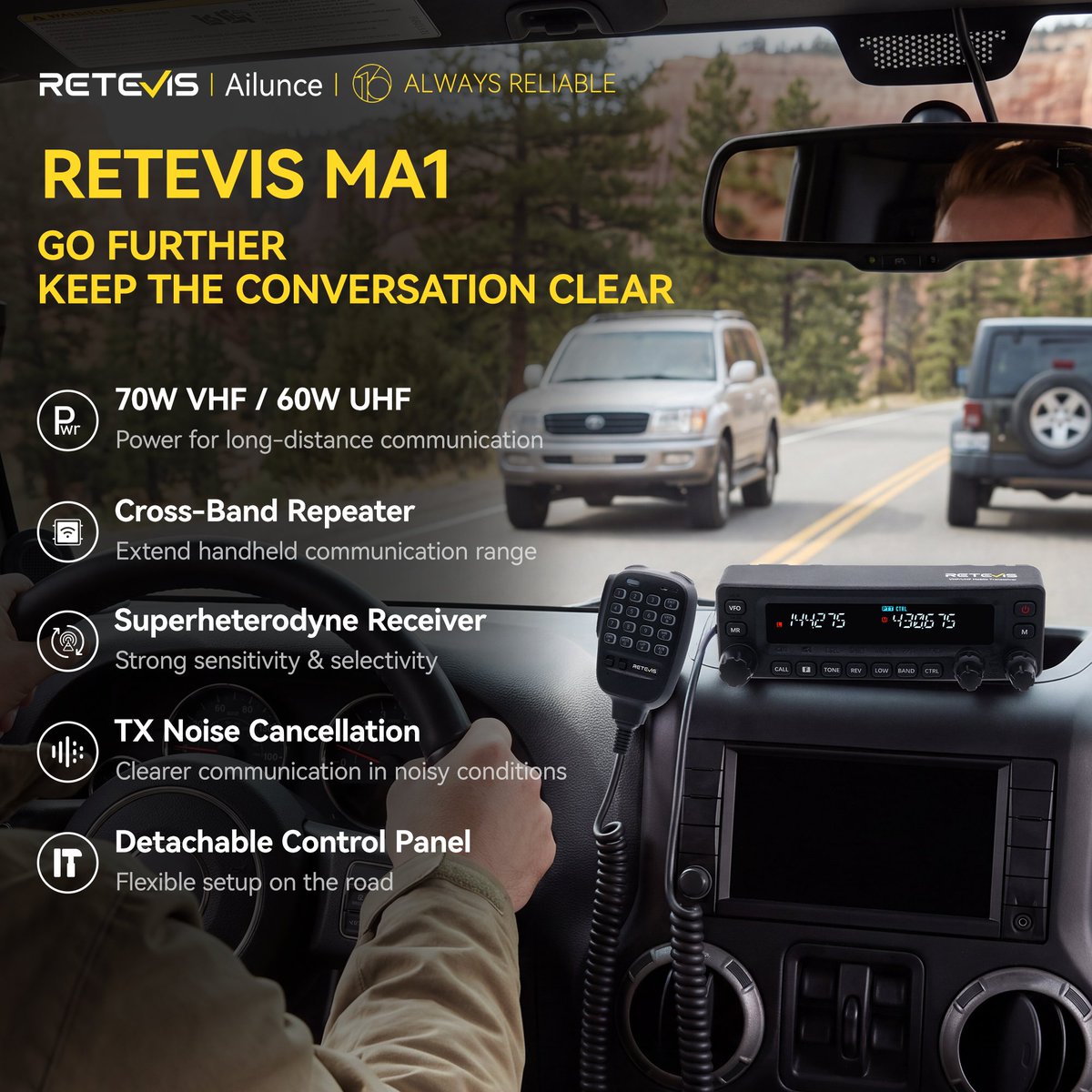 ailunce's tweet photo. 16 years on the road. 🚙 #RETEVISMA1 brings ⚡ 70W VHF / 60W UHF, 🔁 #CrossBandRepeater, 🎧 TX Noise Cancellation, and 🧩 a #detachable control panel. 📡 

#HamRadio #dualband #highpower #mobileradio #convoy #amateurradio #twowayradio https://t.co/25KHMVgdZv