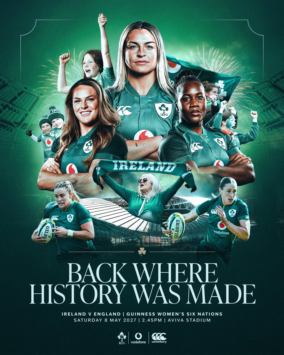 IrishRugby's tweet photo. Back where history was made. 🤩

We're heading back to Aviva Stadium for a mouthwatering Guinness Women's Six Nations clash against England in 2027 ➡️ https://t.co/aKm1ZgZyXM https://t.co/Wotm82TvA9